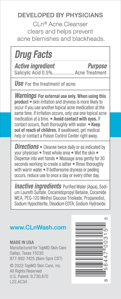 CLn bottle with label highlights 0.5% salicylic acid for targeted breakout care.