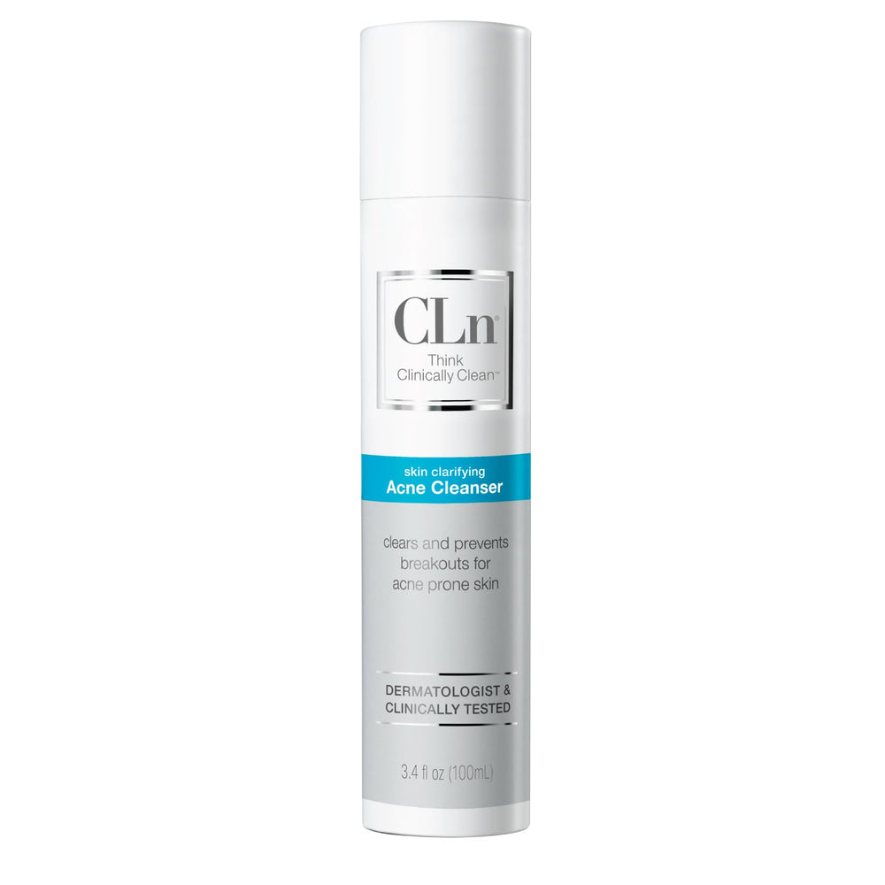 CLn Acne Cleanser front packaging shows physician-developed formula for clearer-looking skin.