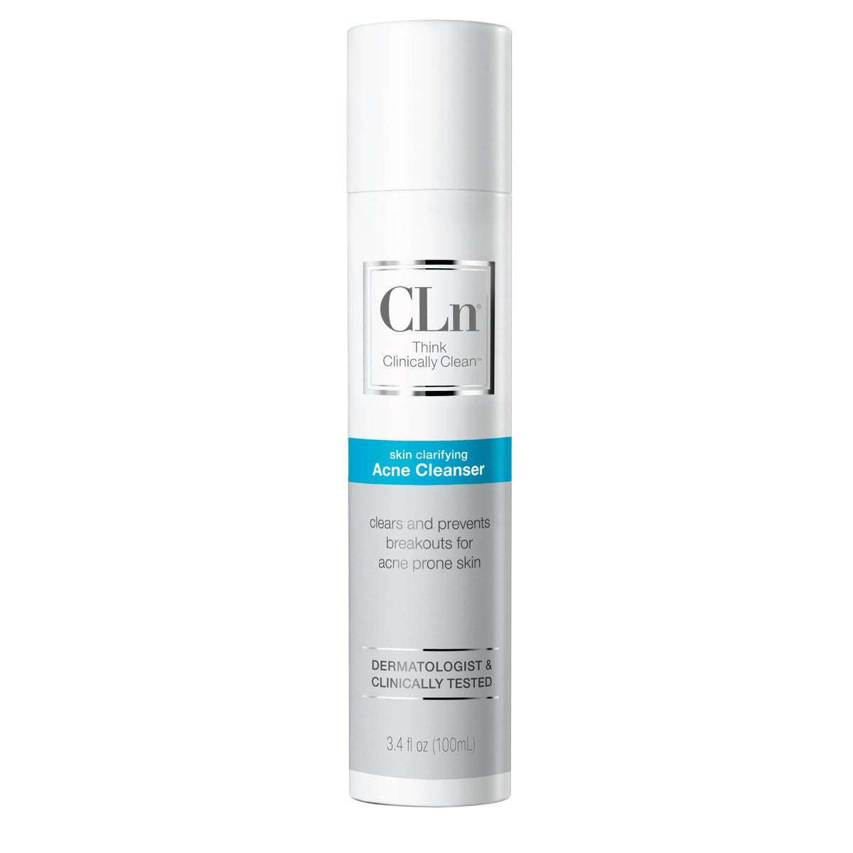 CLn Acne Cleanser front packaging shows physician-developed formula for clearer-looking skin.