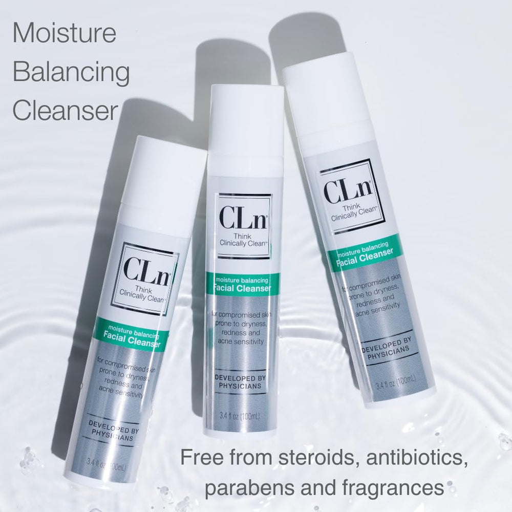 CLn bottle in a bathroom setting illustrating dermatologist-developed formula.