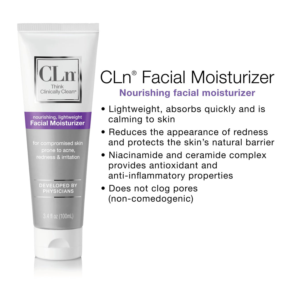CLn facial moisturizer apply morning night demonstrates primer-friendly skin barrier support.