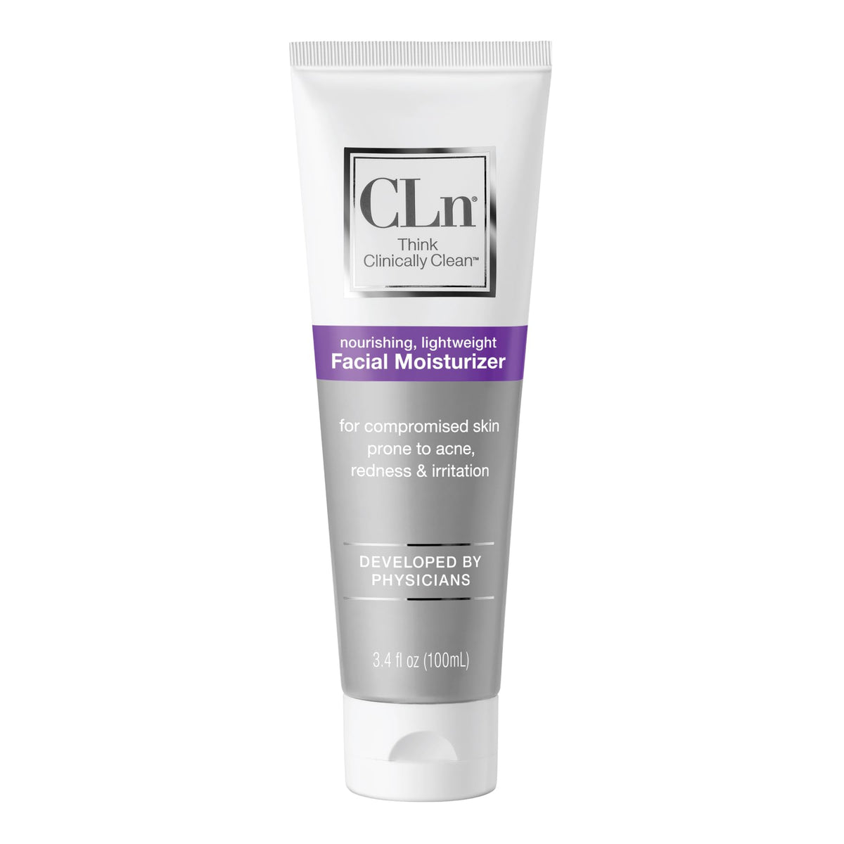 CLn facial moisturizer bottle front, dermatologist-tested hydration for sensitive skin.