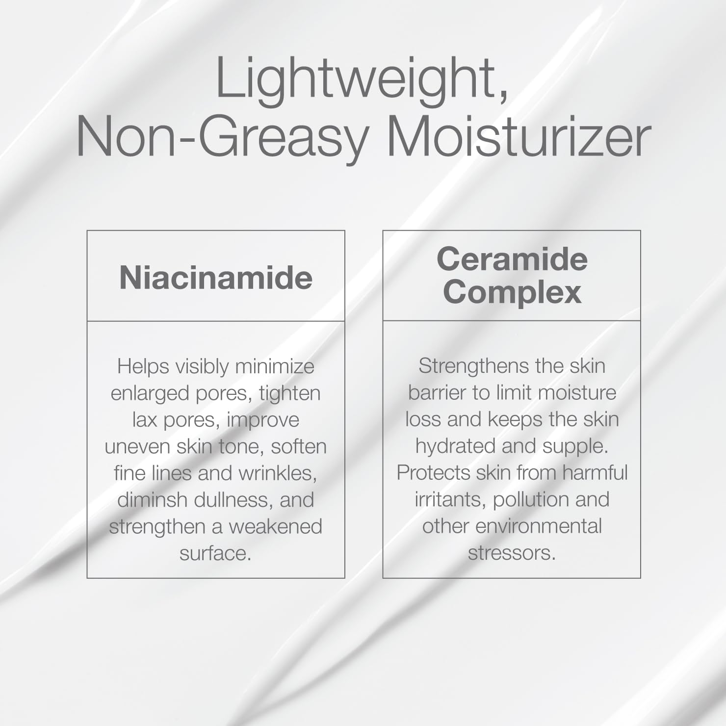 CLn facial moisturizer cream texture closeup shows lightweight, non-greasy feel with ceramides and niacinamide.