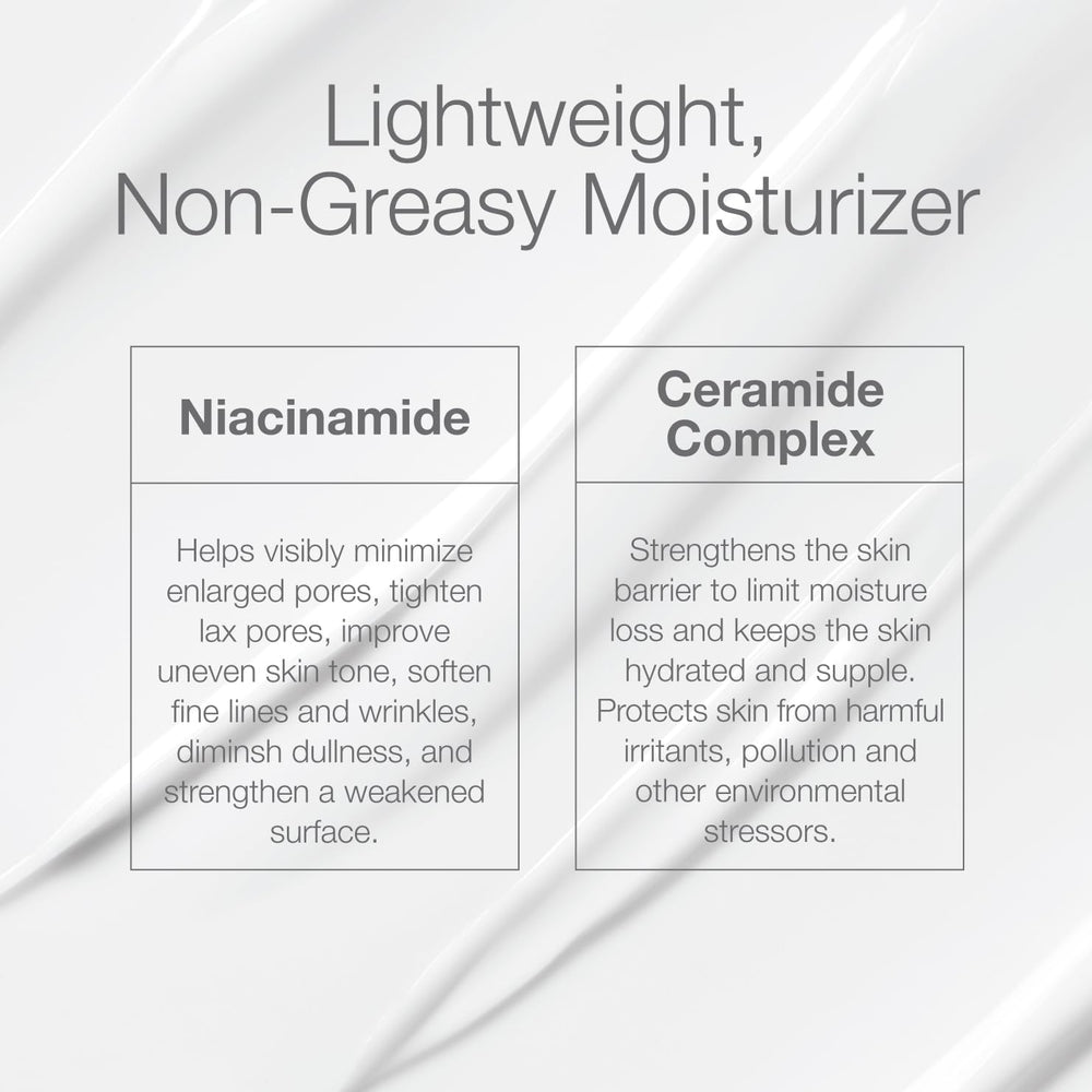 CLn facial moisturizer cream texture closeup shows lightweight, non-greasy feel with ceramides and niacinamide.