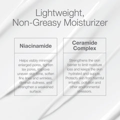 CLn facial moisturizer cream texture closeup shows lightweight, non-greasy feel with ceramides and niacinamide.