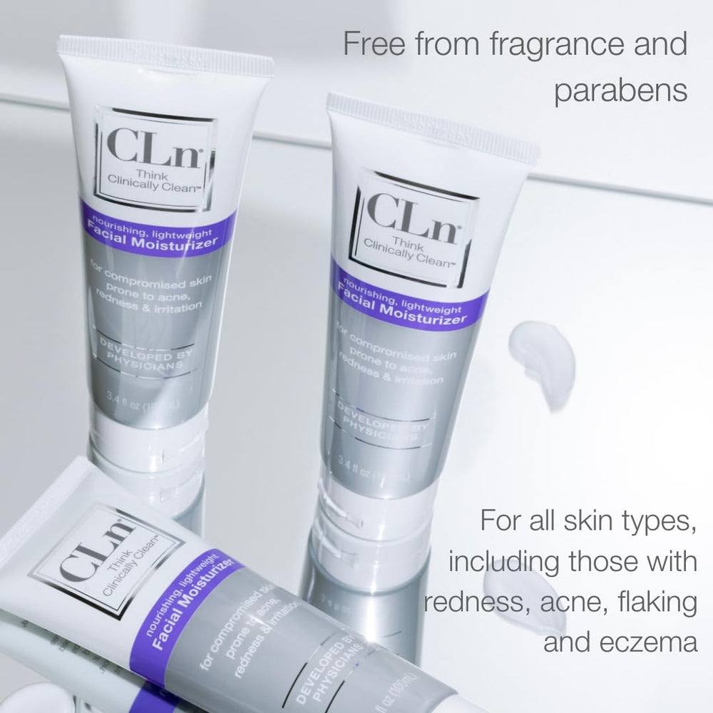 CLn facial moisturizer skin-application highlights hydrating layer and long-lasting softness.