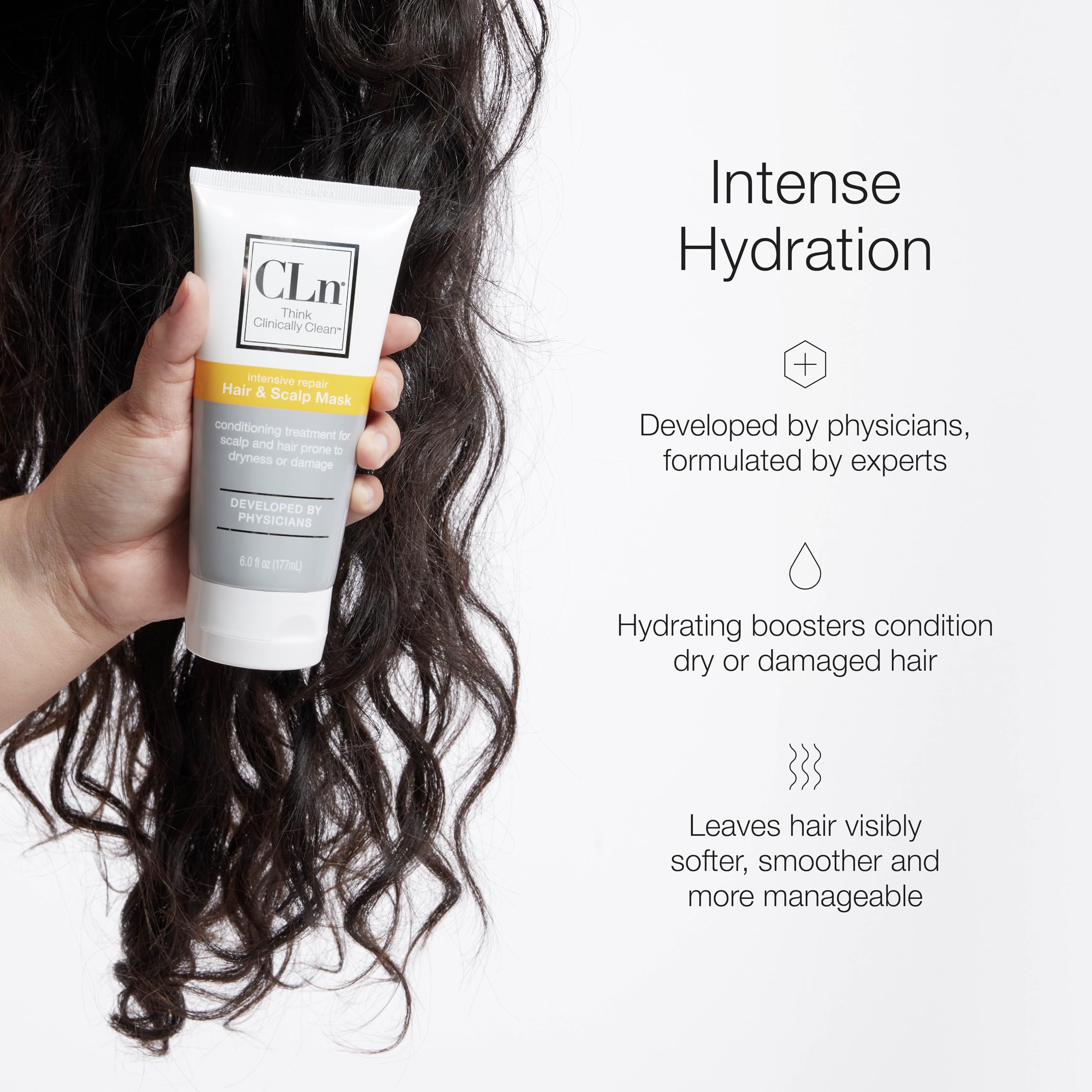 CLn Hair Mask hands applying on hair for targeted scalp care.