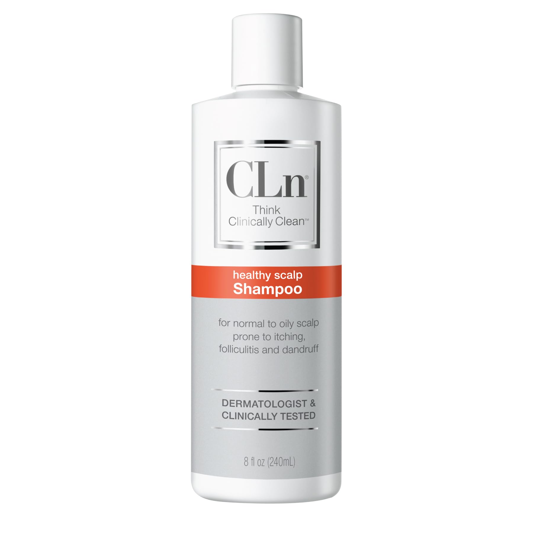 CLn Shampoo bottle with clear label clarifying formula helps balance oily scalp