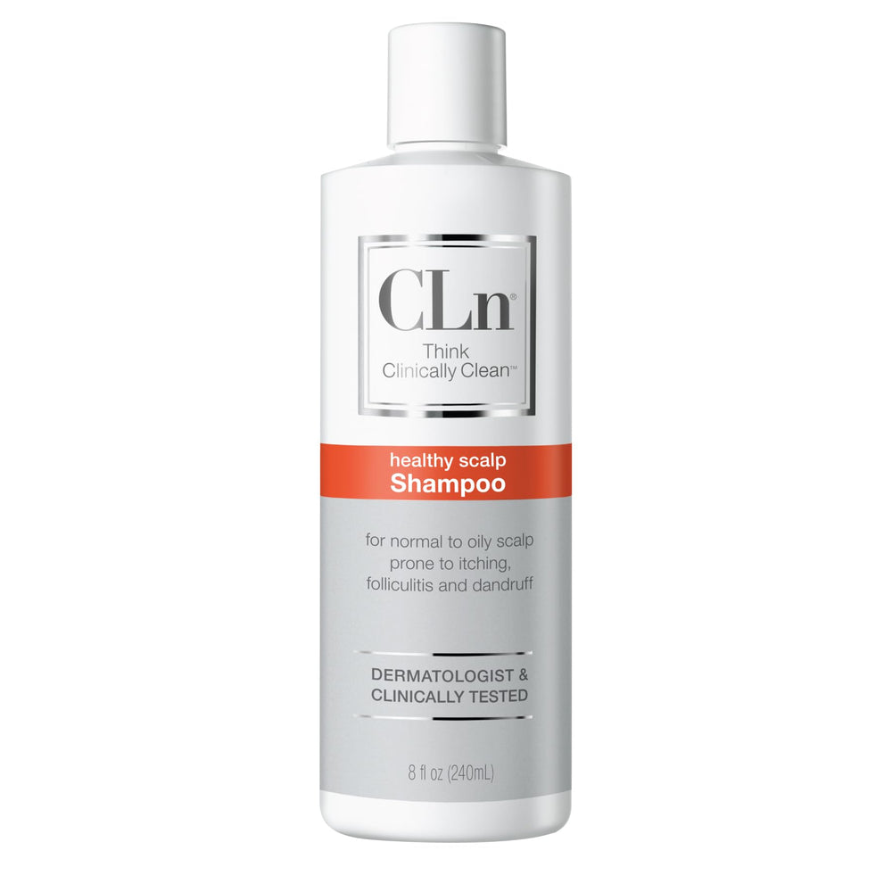 CLn Shampoo bottle with clear label clarifying formula helps balance oily scalp