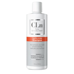CLn Shampoo bottle with clear label clarifying formula helps balance oily scalp