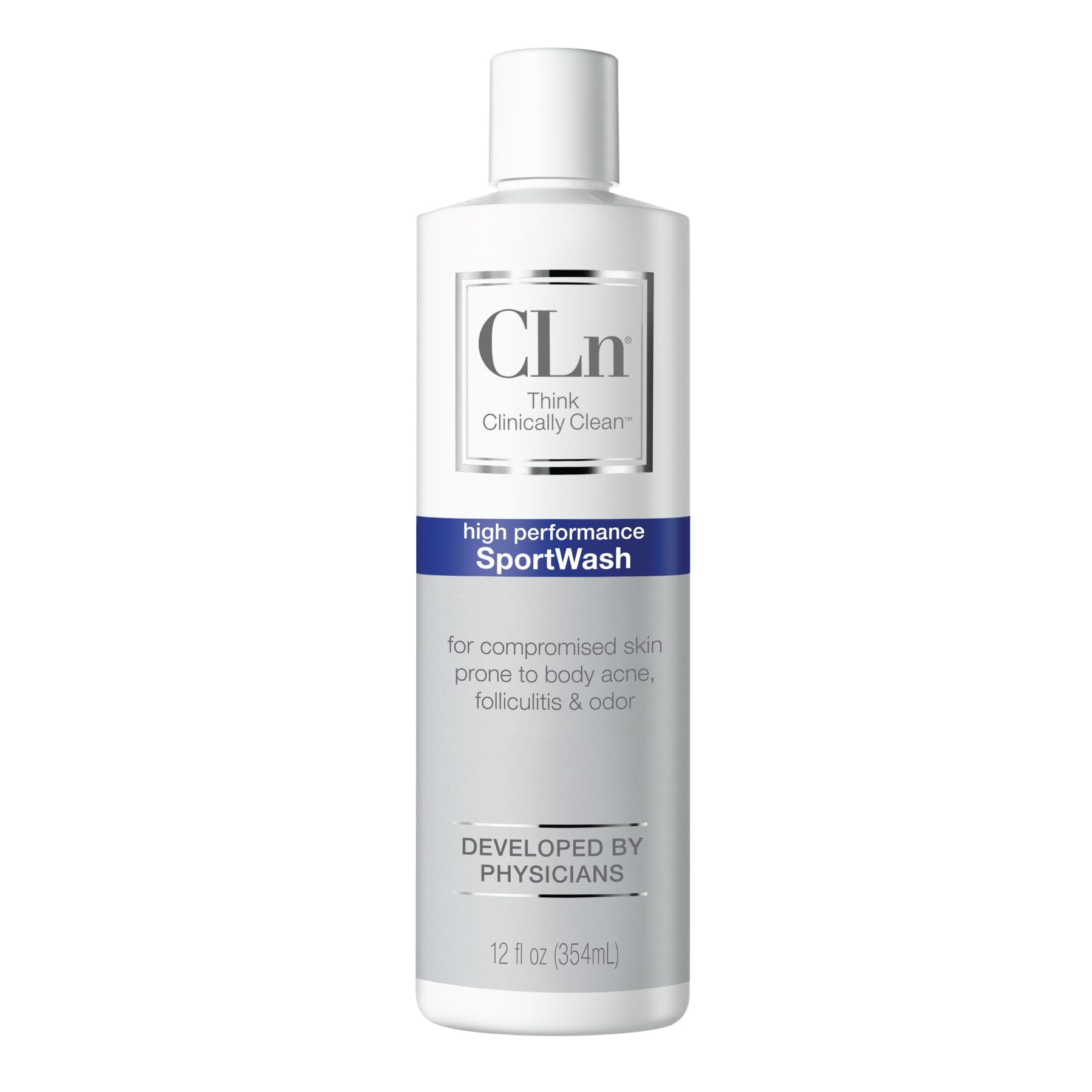 CLn SportWash bottle front showing fragrance free formula for sensitive skin and active lifestyles