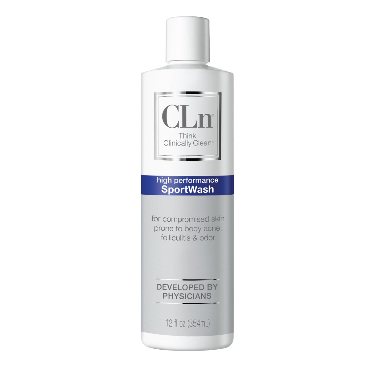 CLn SportWash bottle front showing fragrance free formula for sensitive skin and active lifestyles