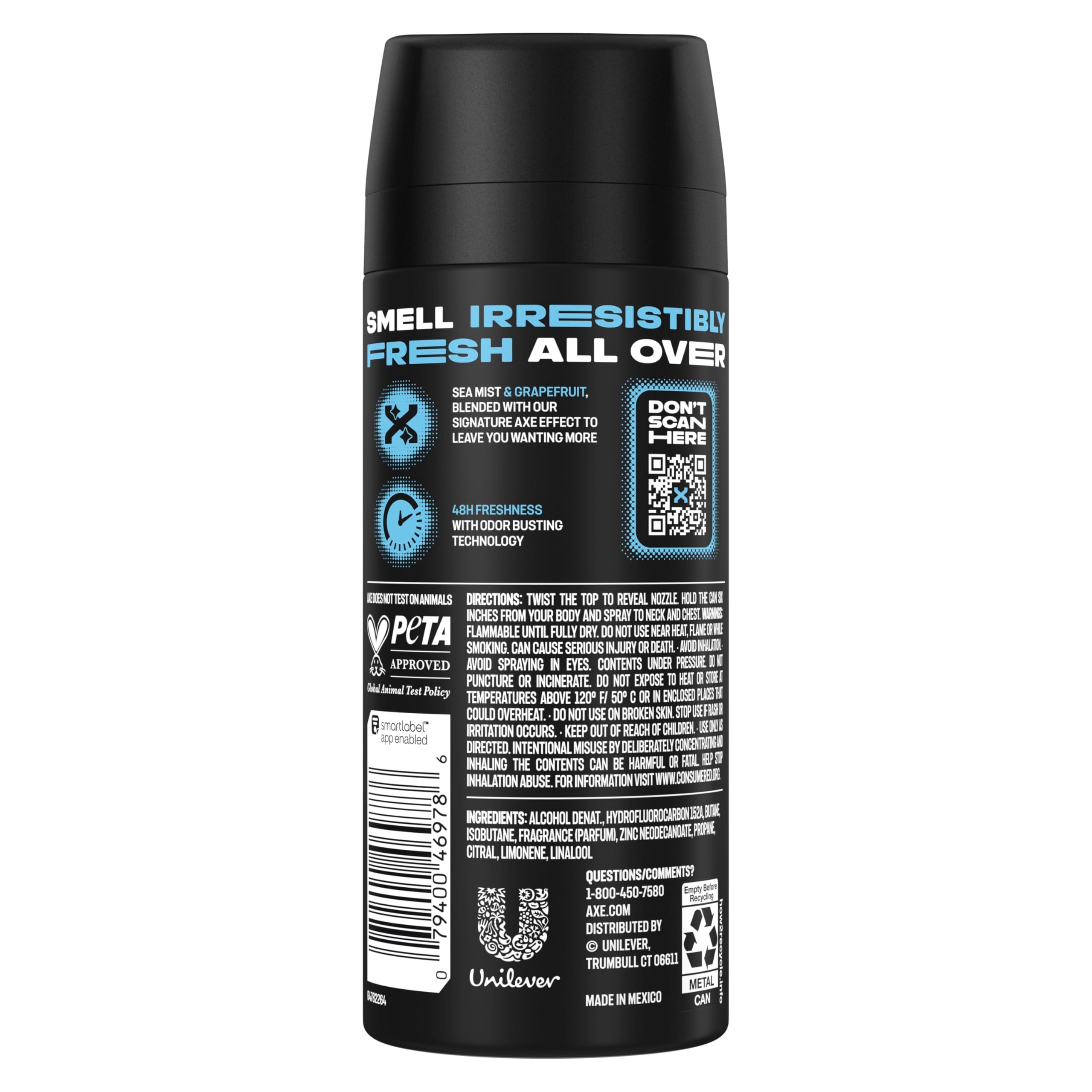 Close-up of AXE Cool Ocean label shows aluminum-free formula with essential oils for a clean feel.