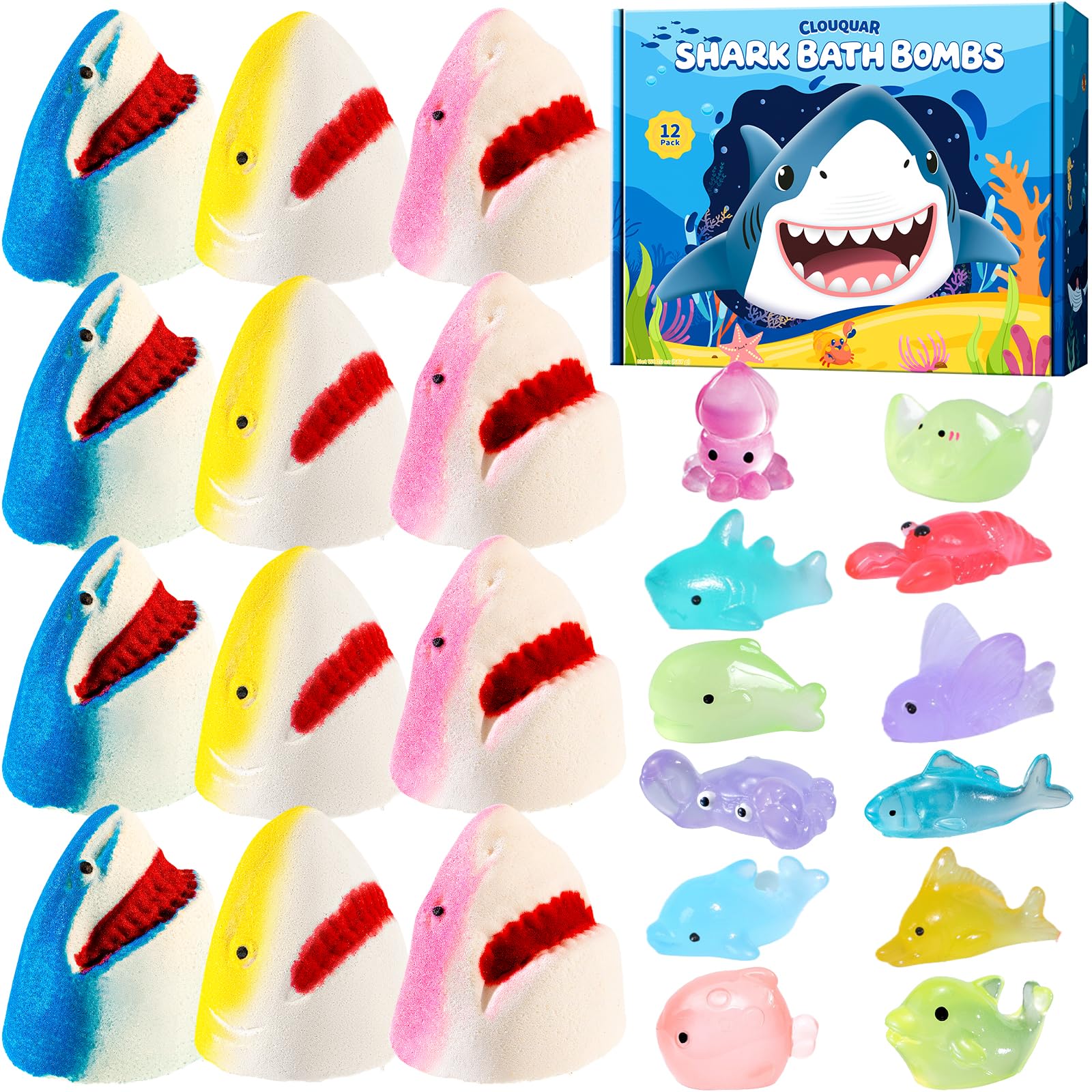 CLOUQUAR shark bath bombs 12-pack front view for colorful bath time fun