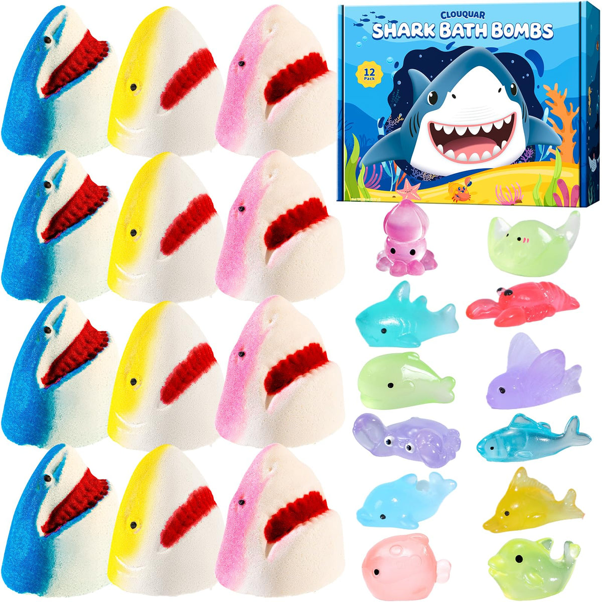 CLOUQUAR shark bath bombs 12-pack front view for colorful bath time fun