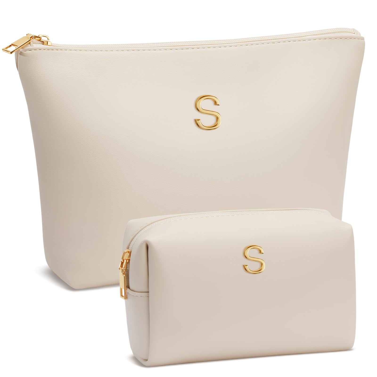 CLOUDWINGS initial makeup bag beige front view for organized travel storage.