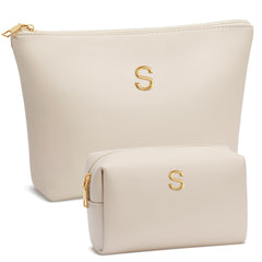 CLOUDWINGS initial makeup bag beige front view for organized travel storage.