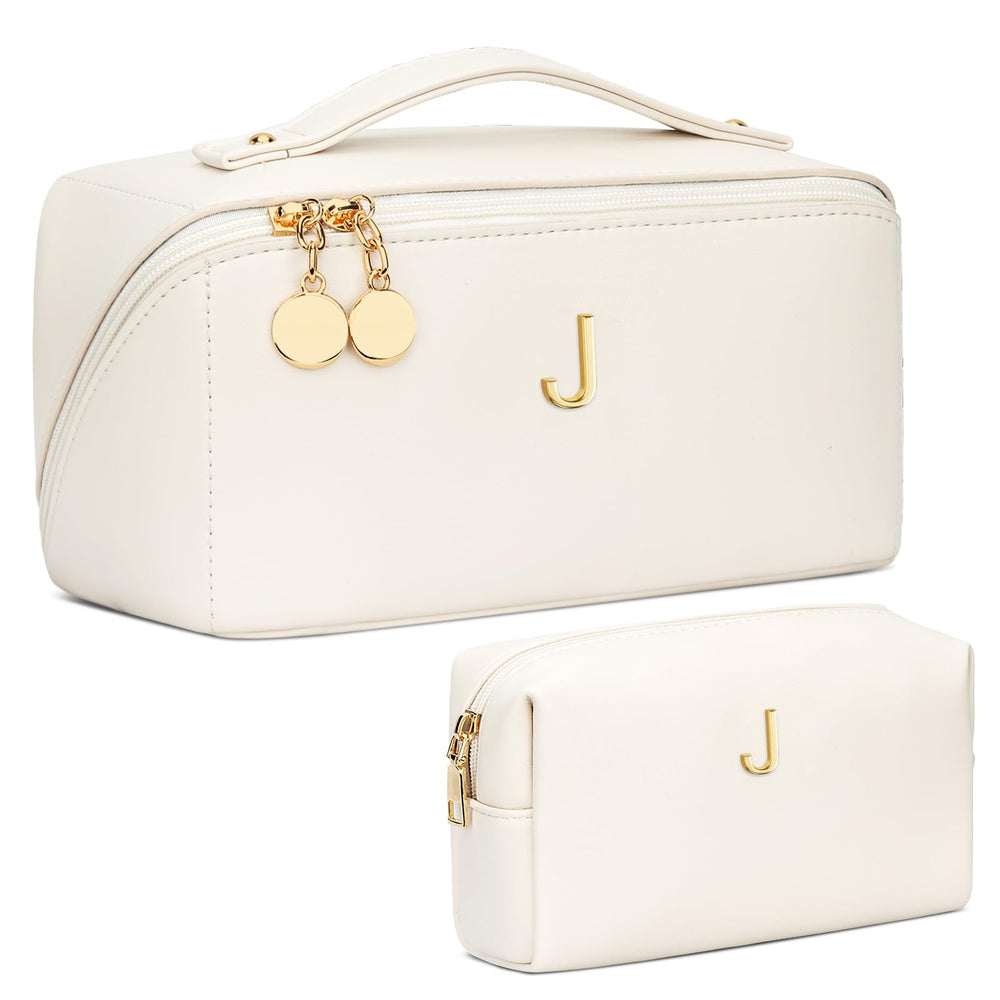 CLOUDWINGS initial makeup bag beige shown in open-flat design for quick access