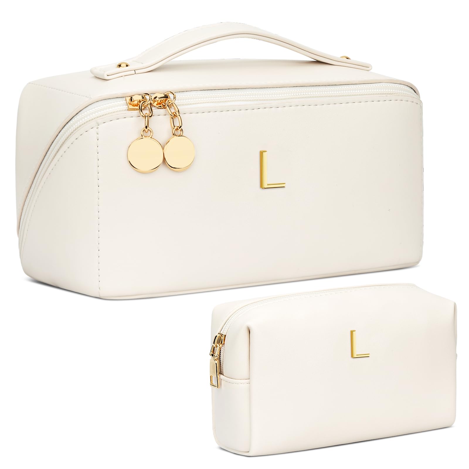 CloudWings initial makeup bag set beige front view for stylish gift-ready presentation