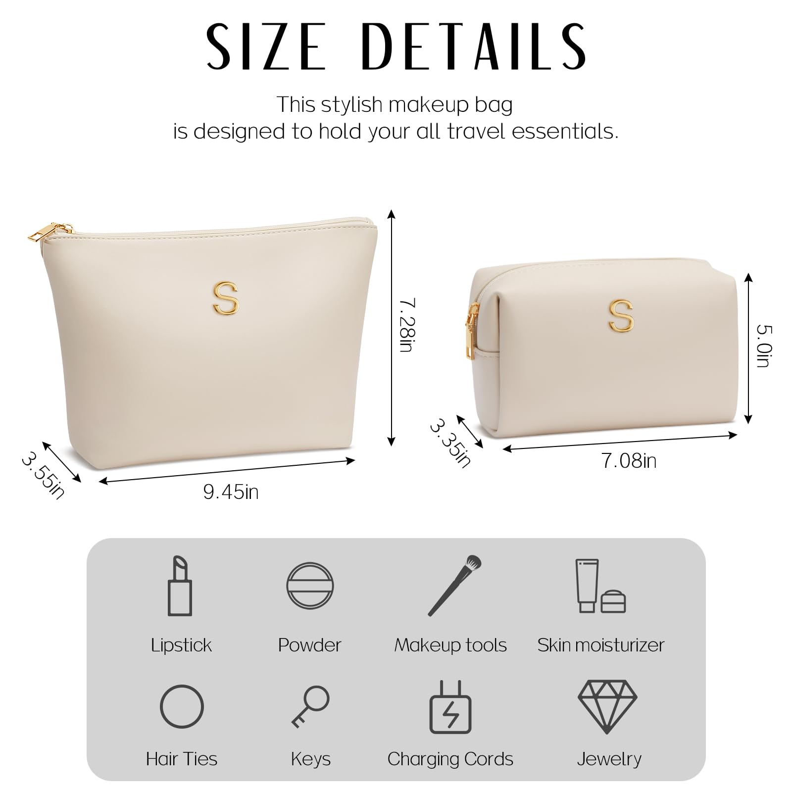 CLOUDWINGS personalized monogram initial metal charm on makeup bag.