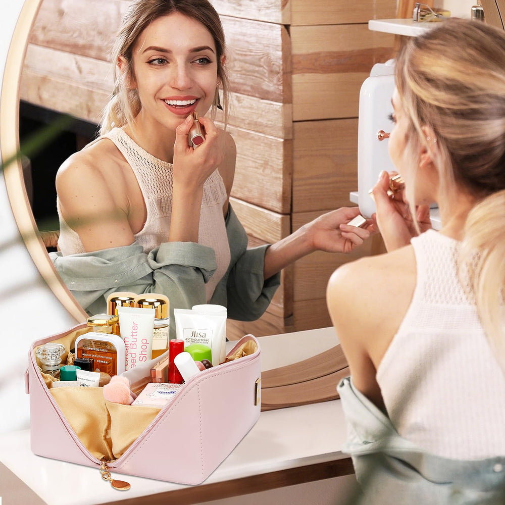 CLOUDWINGS wide-open makeup bag showing full access to cosmetics for travel