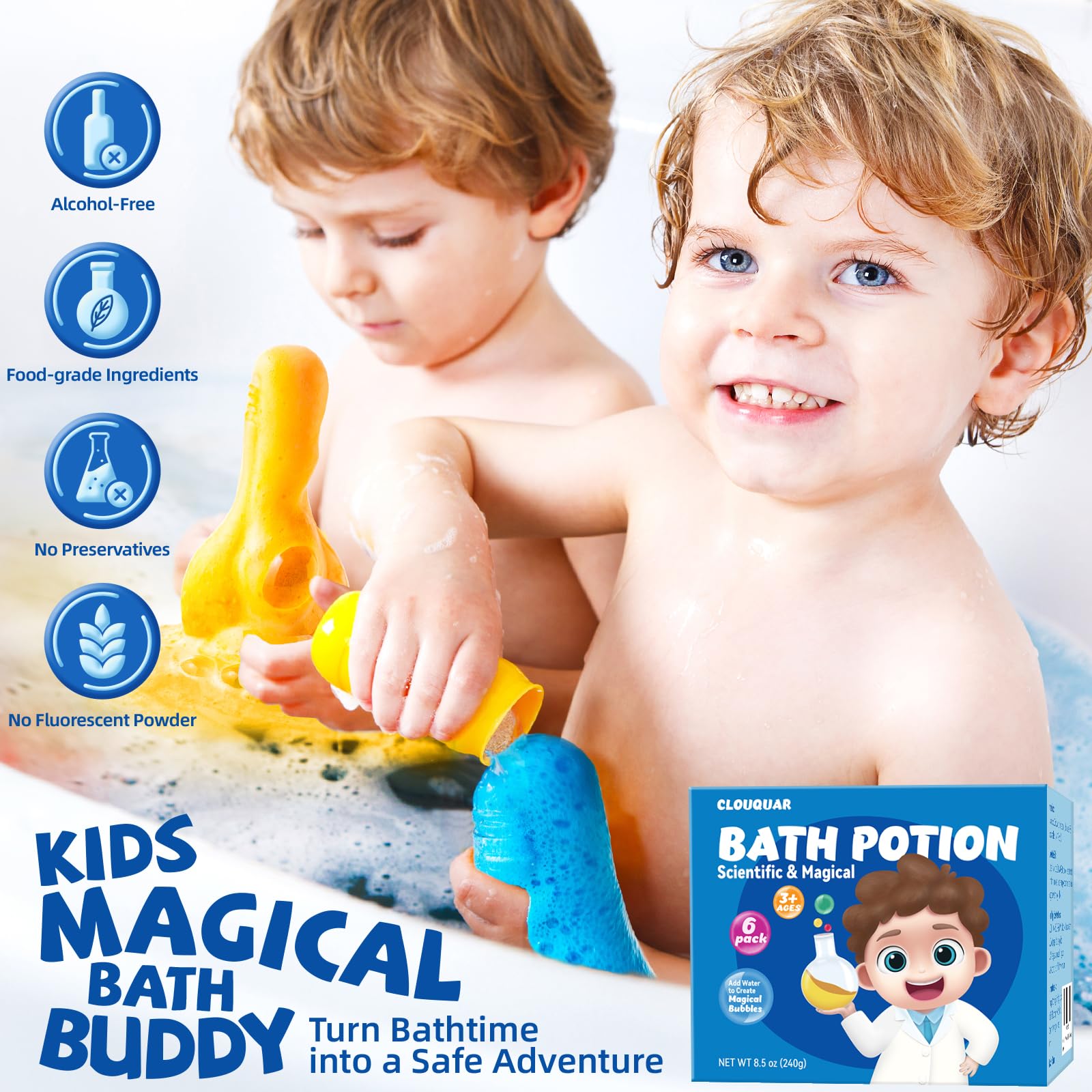 CLOUQUAR bubble-explosion-bath image demonstrates safe fizzy color play.