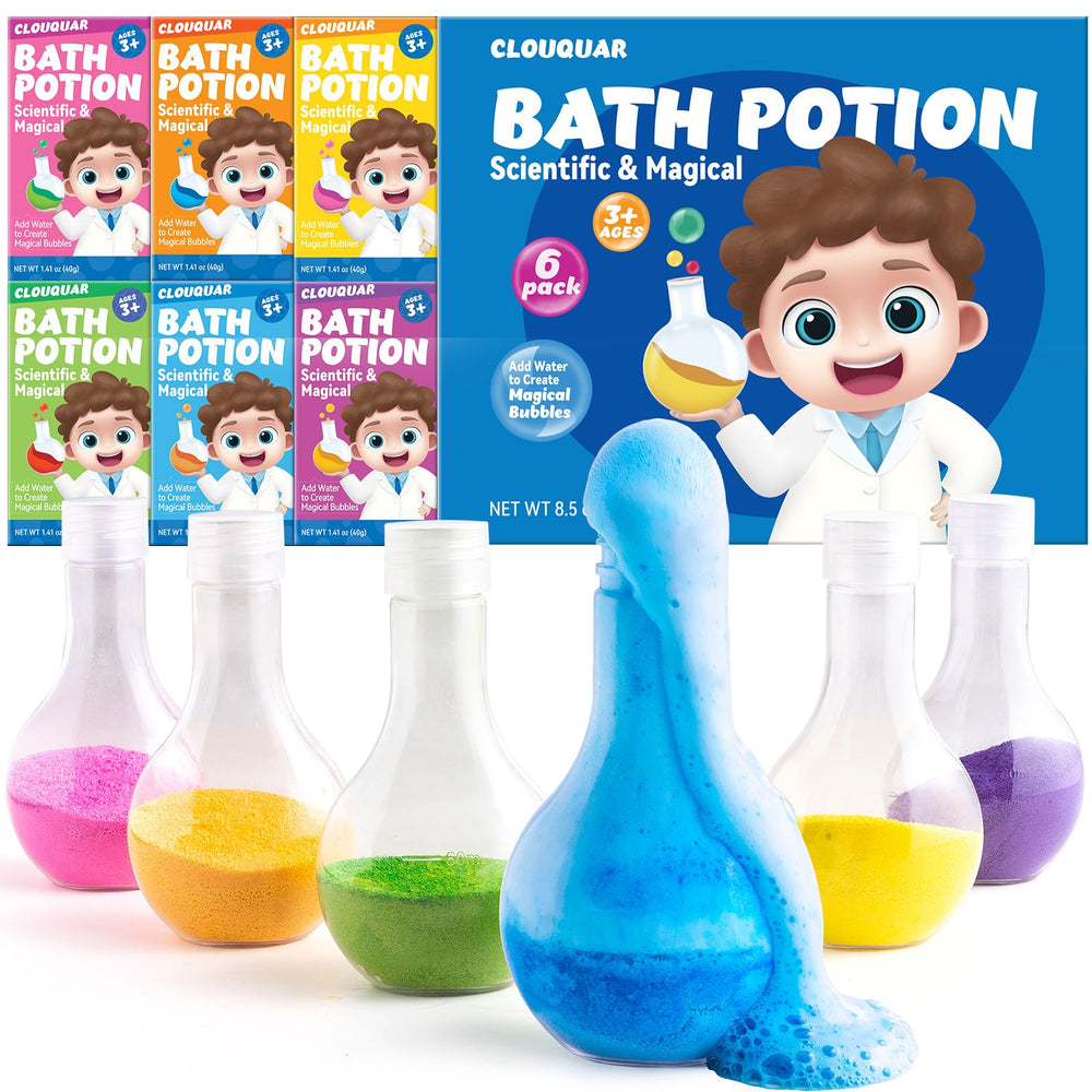 CLOUQUAR kids-bath-bomb-potions bottle-beaker-setup shows colorful bubbles for bath time.