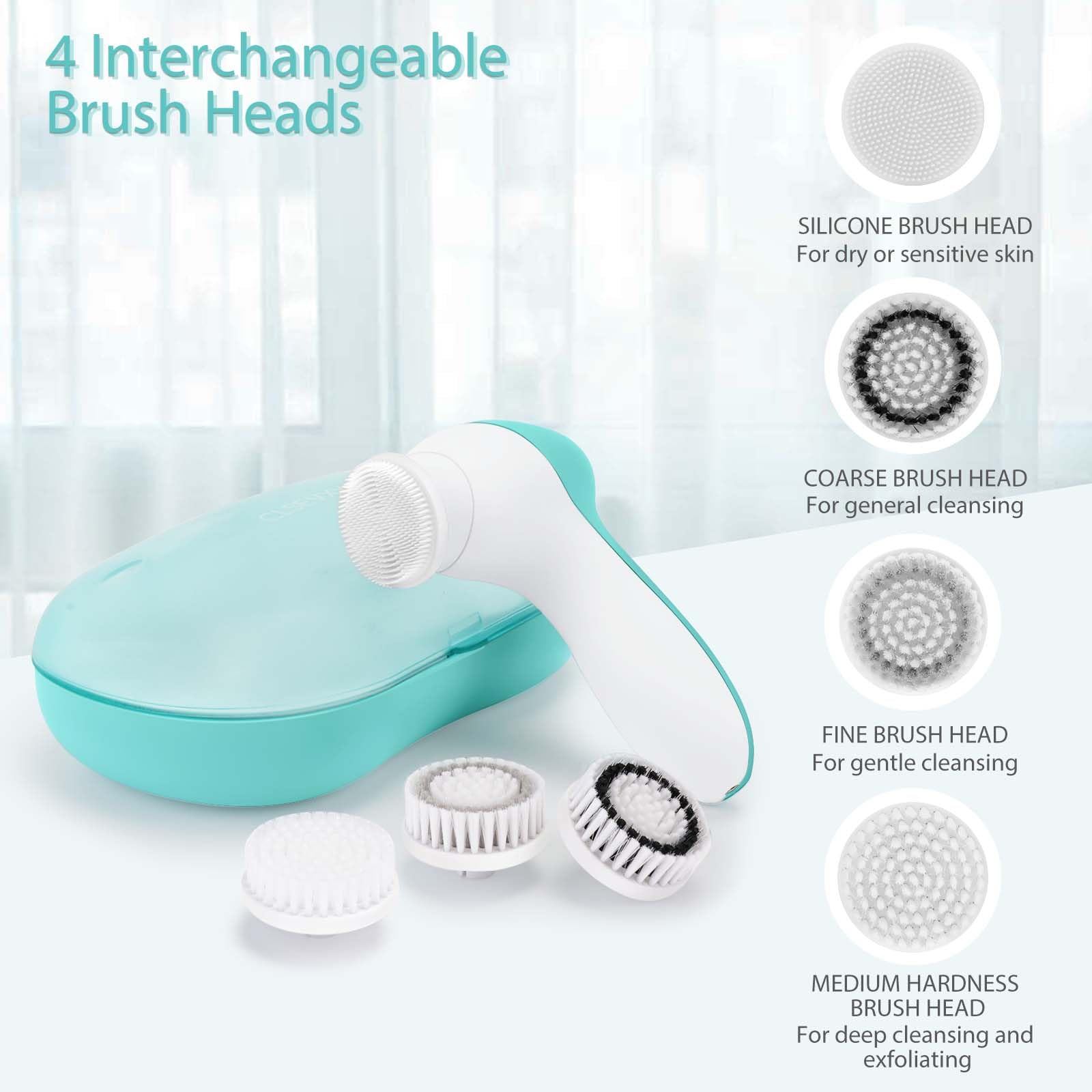 CLSEVXY four brush heads with silicone detail for sensitive skin and versatile cleansing.