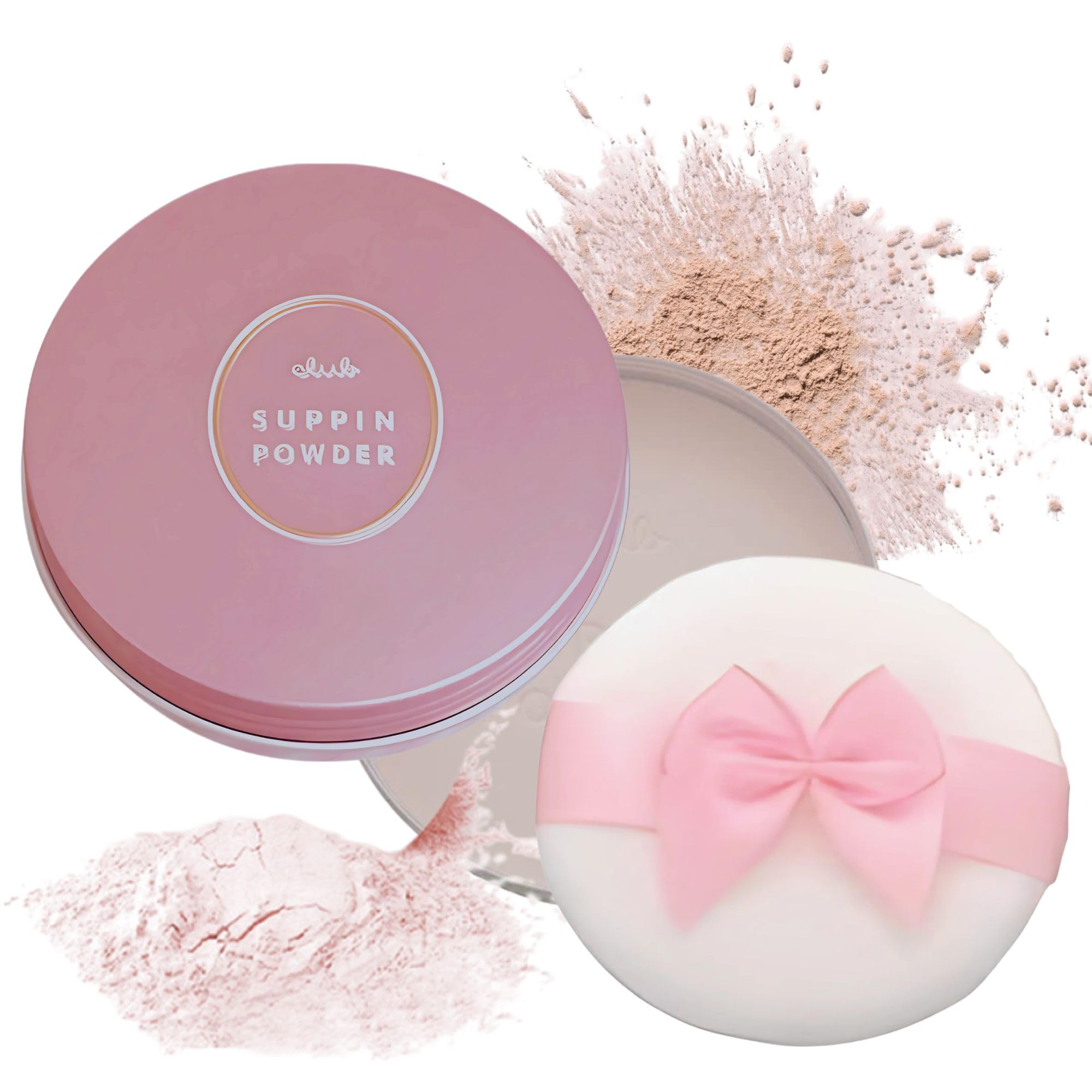 Club Suppin translucent pressed powder compact demonstrating a pore-minimizing base for daily makeup.