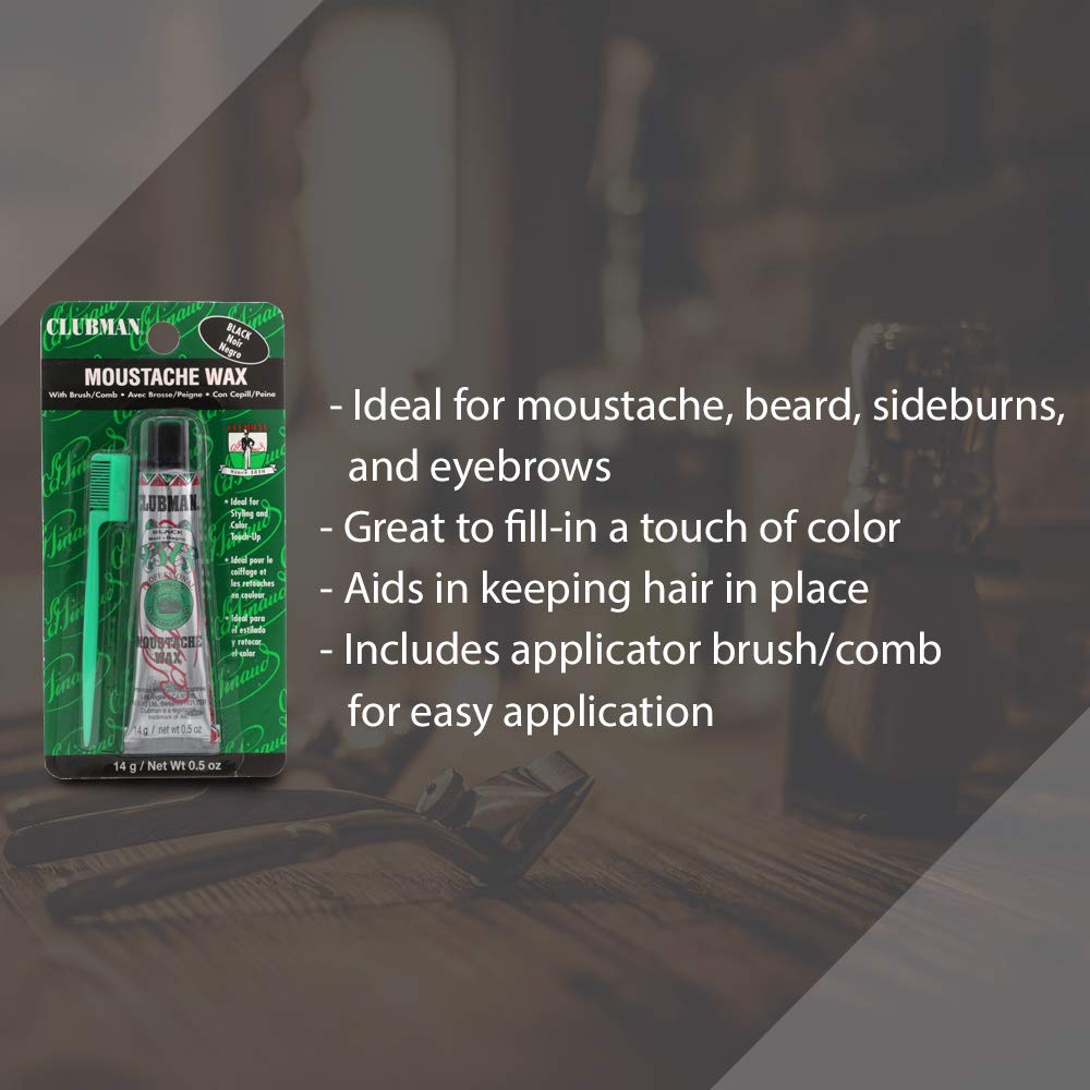 Clubman moustache wax hang pack black tube in-use on moustache styling