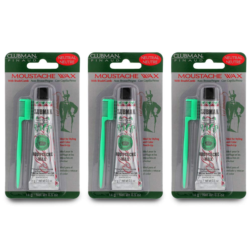 Clubman moustache wax hang pack neutral color display with three tubes and brush for easy styling