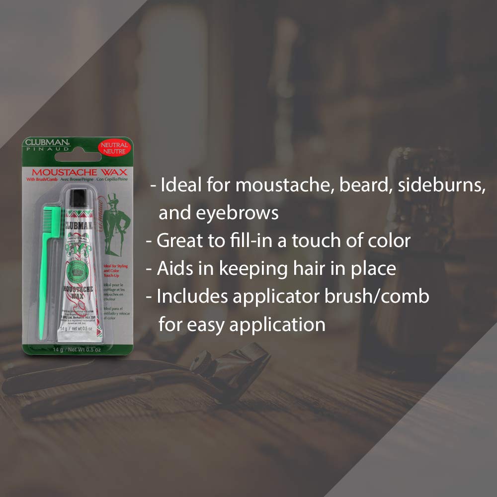Close-up of neutral color moustache wax tube from Clubman hang pack