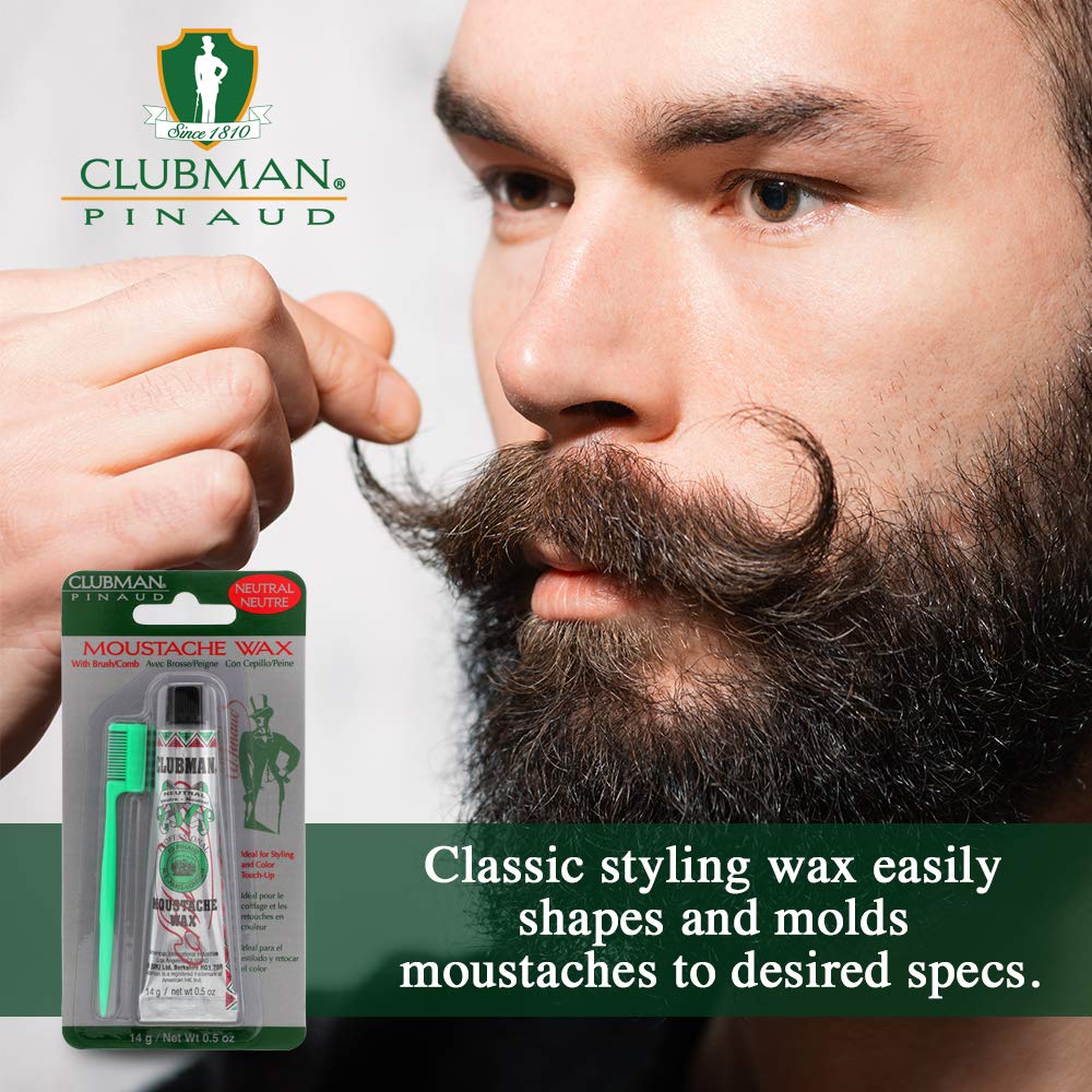 Applying Clubman moustache wax with the included brush for control