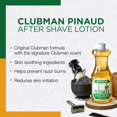 Clubman Pinaud After Shave Lotion close-up highlighting citrus and vanilla-oakmoss scent