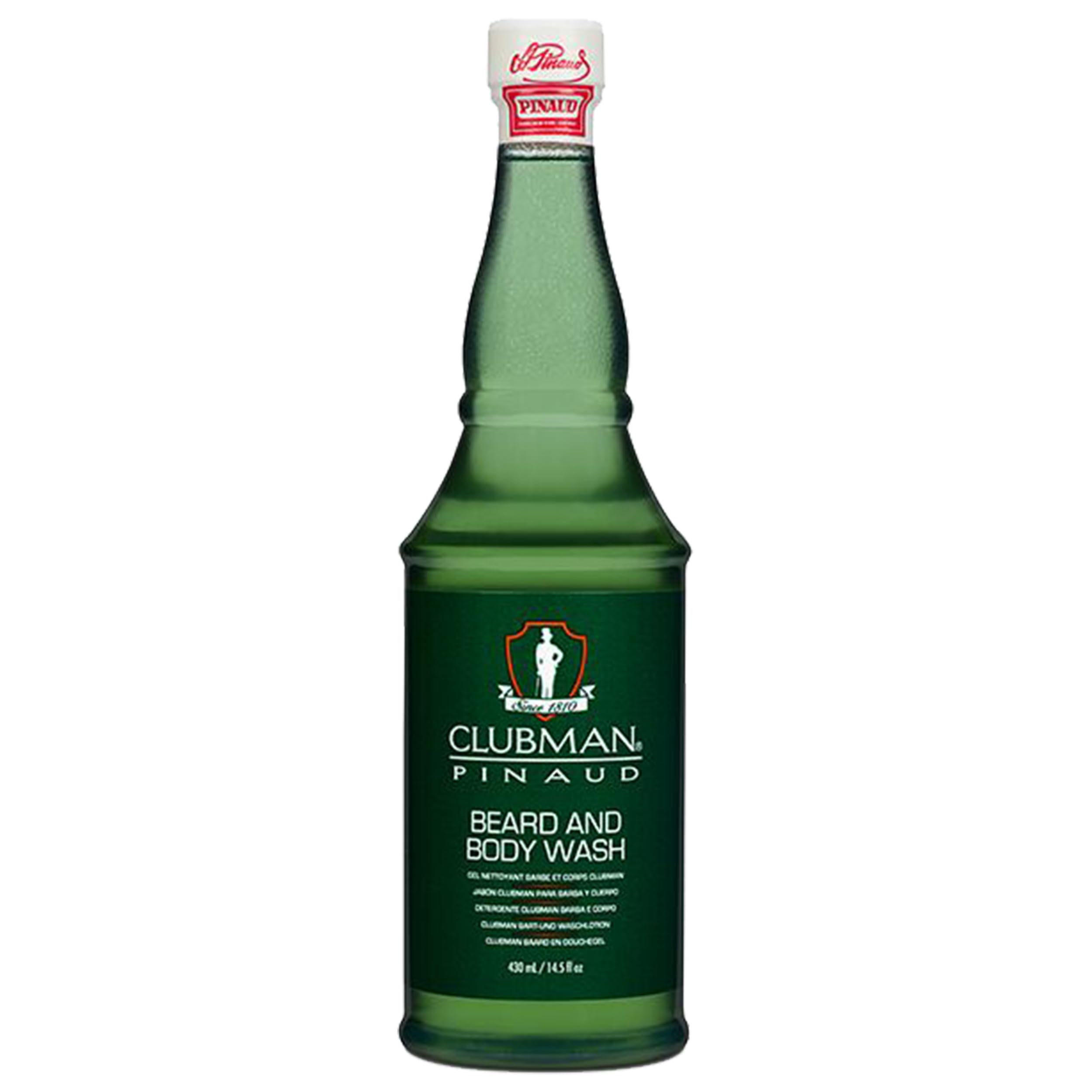 Clubman Pinaud beard body wash bottle front showing 14.5 oz packaging for convenient grooming.