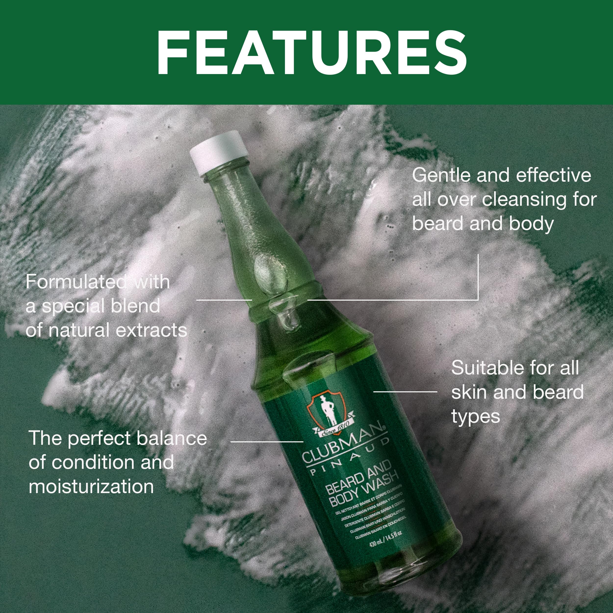 Clubman Pinaud gentle-to-skin application image presenting nourishing botanicals for face and body.
