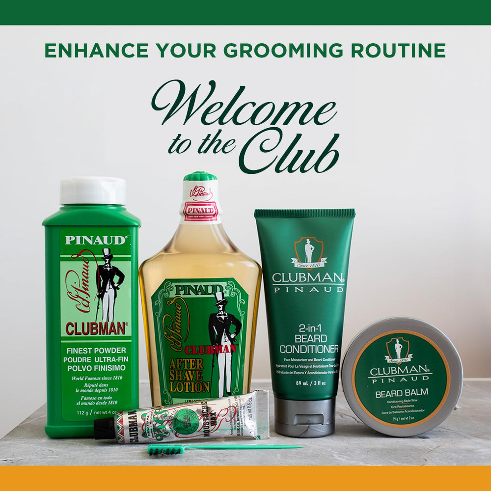 Clubman Pinaud moustache wax facial-hair grooming setup for mustaches and beards.