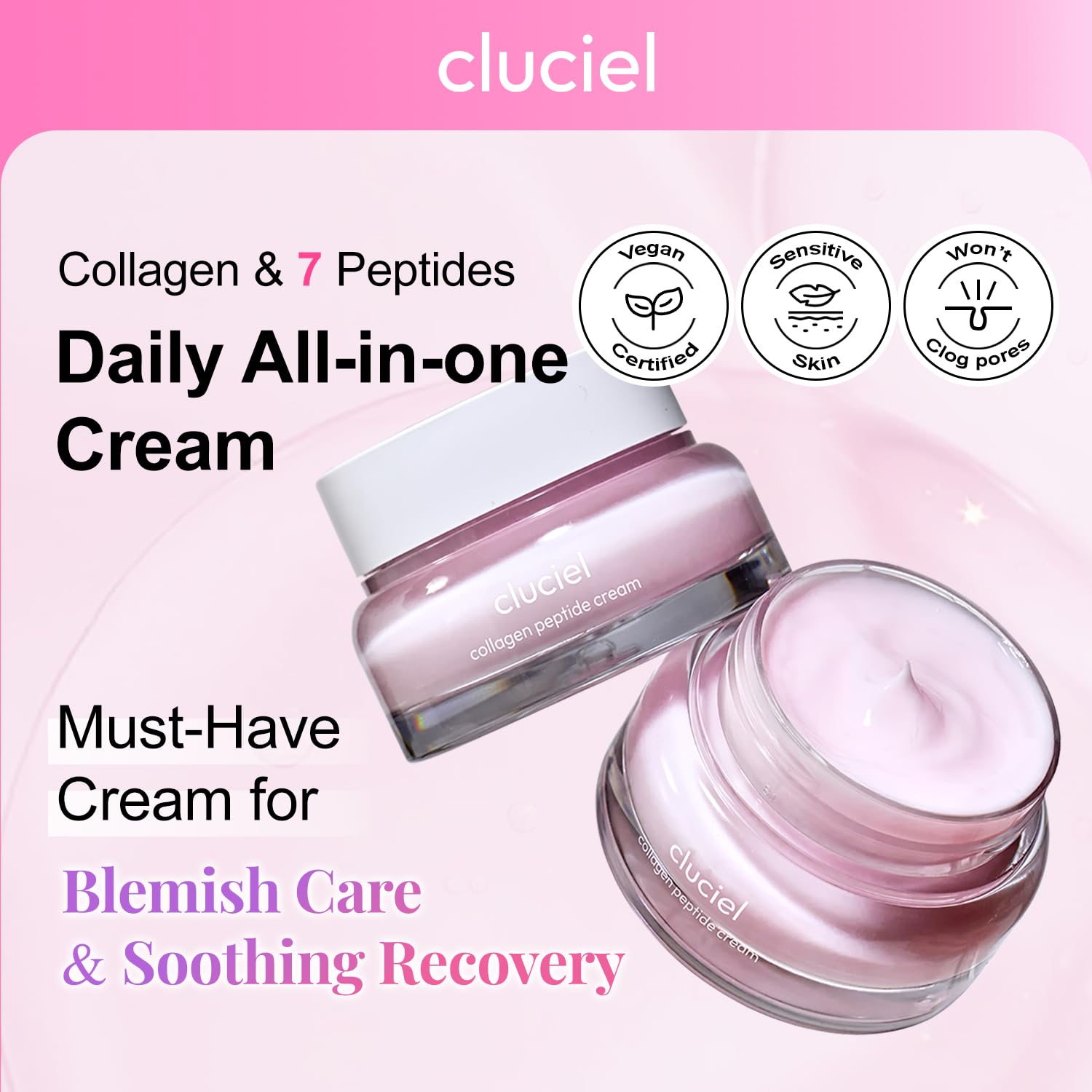 cluciel collagen peptide cream ingredients closeup featuring niacinamide and peptides