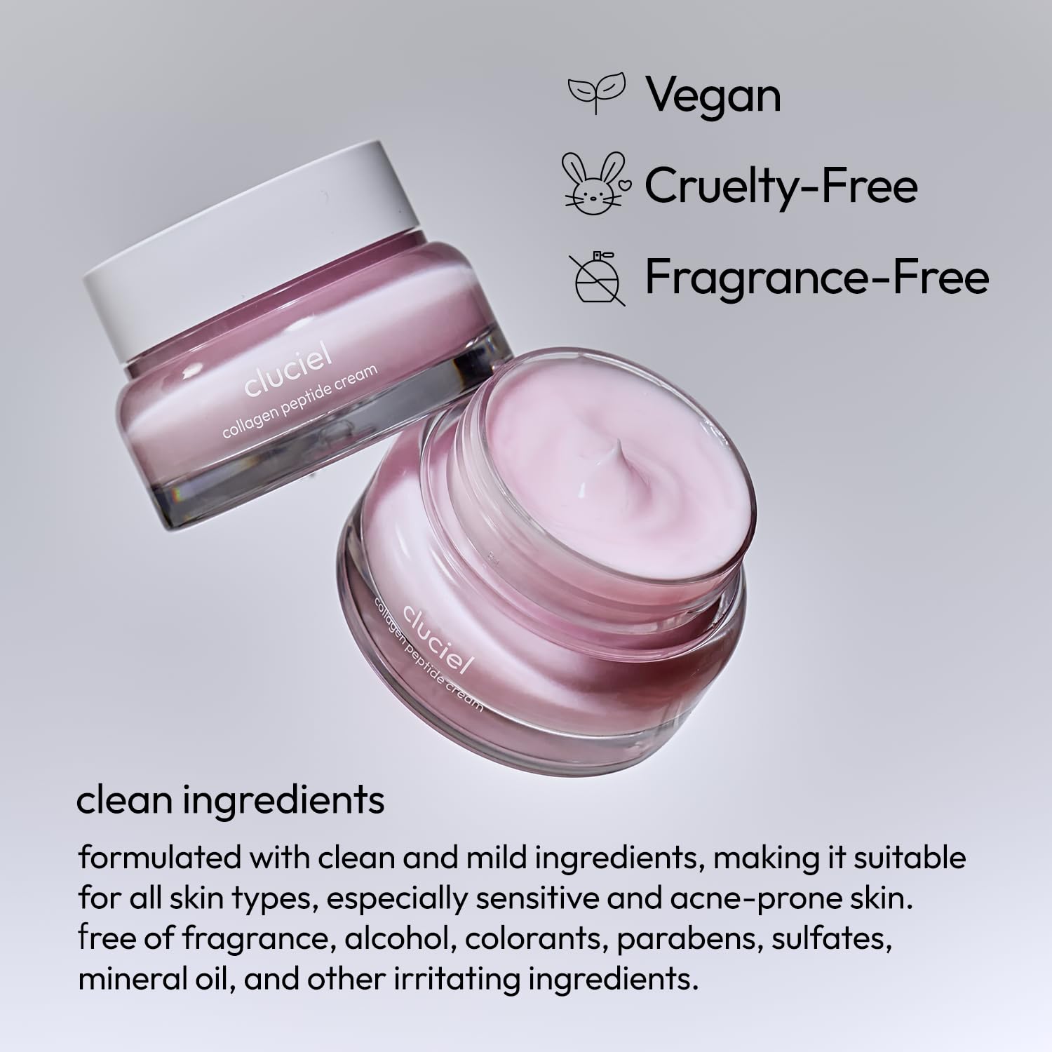 cluciel collagen peptide cream packaging closeup emphasizing clean vegan formula