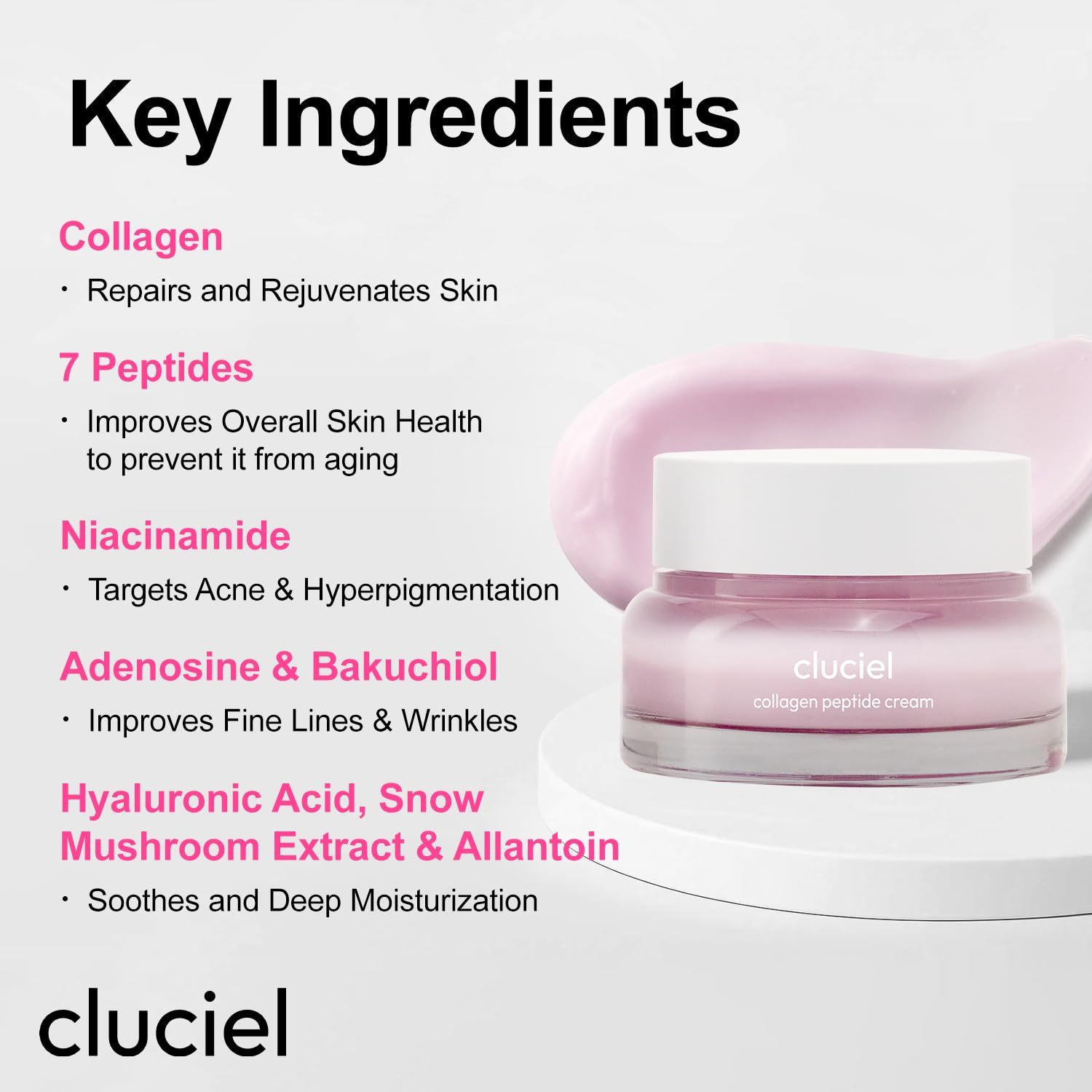 cluciel collagen peptide cream swatch on skin indicating elasticity support