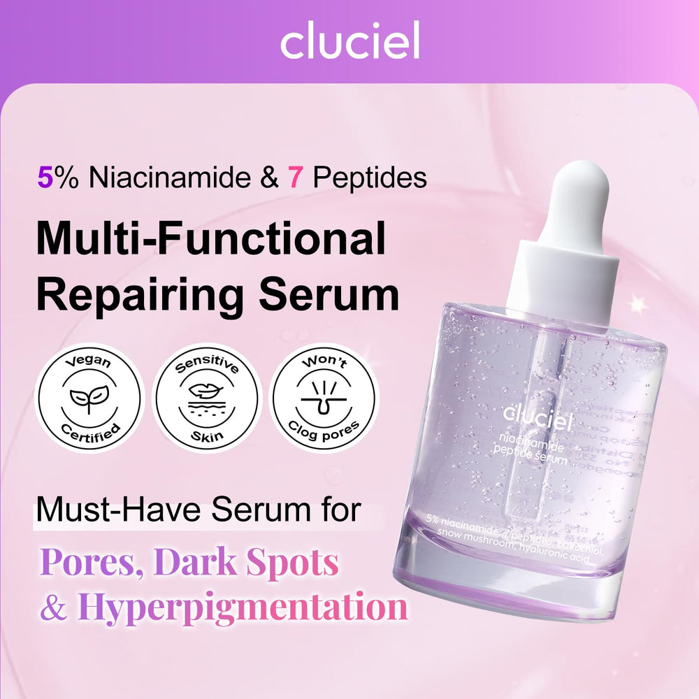 cluciel Niacinamide Peptide Serum close-up texture shows silky, non-sticky consistency.