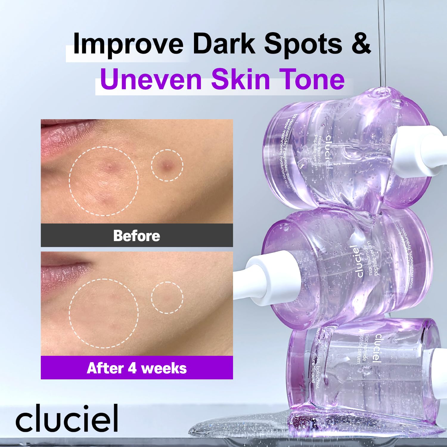 cluciel Niacinamide Peptide Serum dropper releases a lightweight, fast-absorbing formula.
