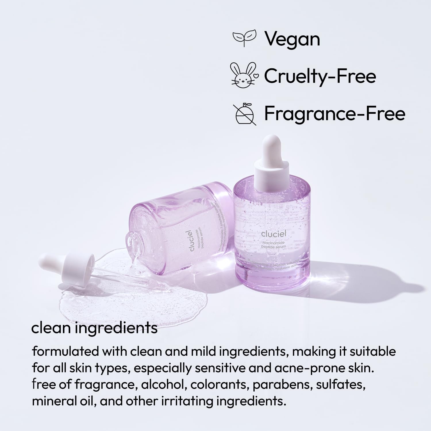 cluciel Niacinamide Peptide Serum packaging and labeling highlights vegan, cruelty-free values.