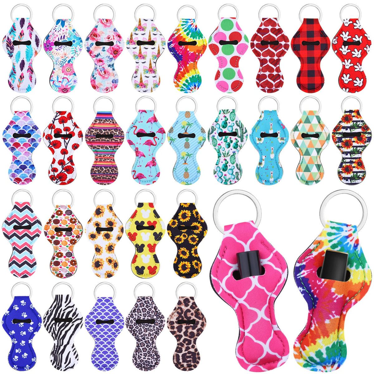 Cludoo 30Pcs chapstick holder pack front view showing vibrant colors and patterns for easy access.
