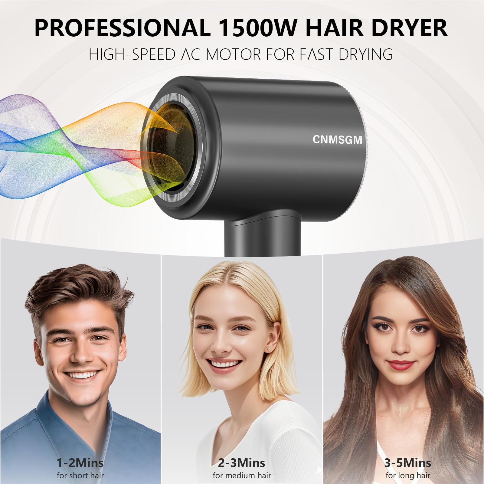 CNMSGM hair dryer 2 billion ions image emphasizes frizz control and moisture balance.