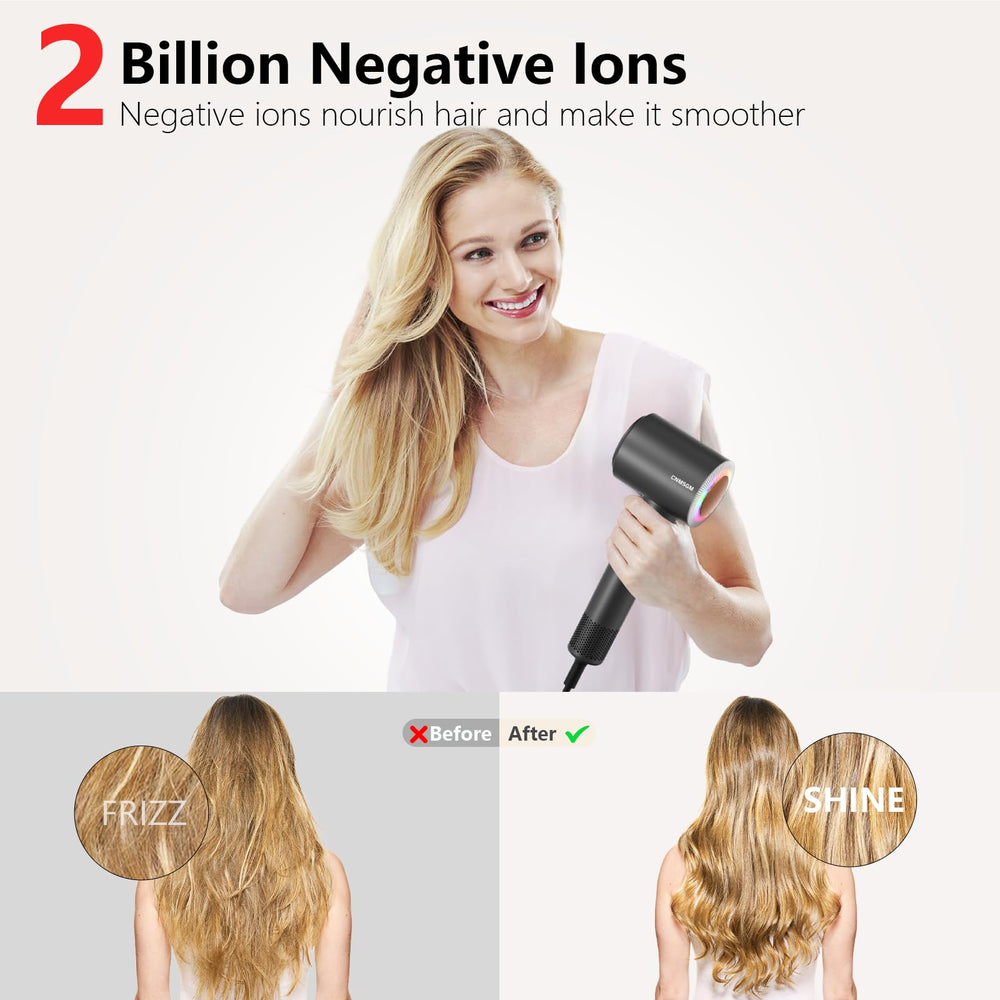 CNMSGM hair dryer LED ring temperature control image illustrates multi-mode heat options.