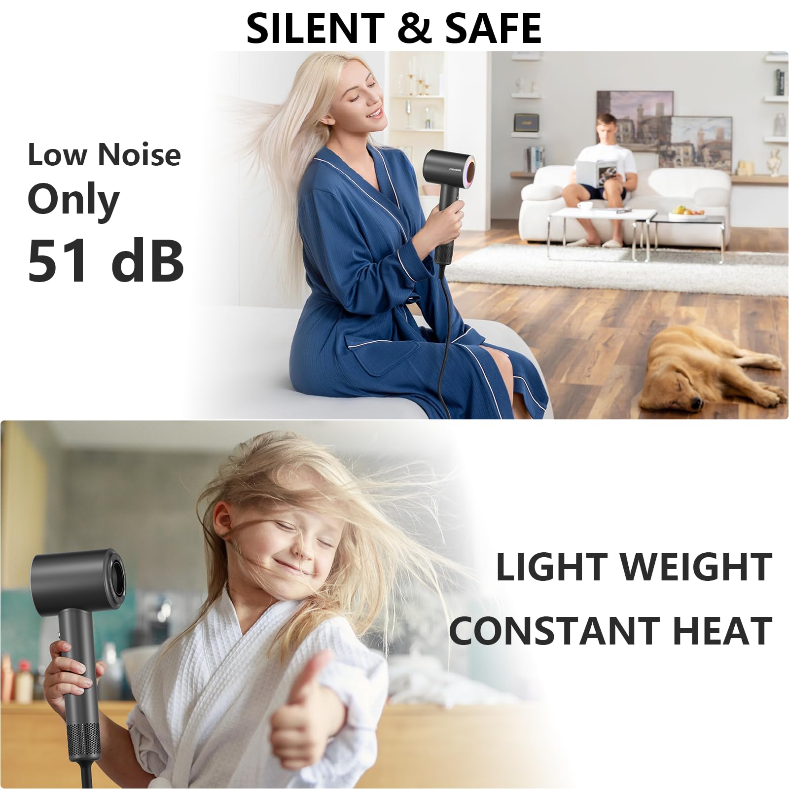 CNMSGM hair dryer magnetic attachments image shows easy switch between nozzle and diffuser.