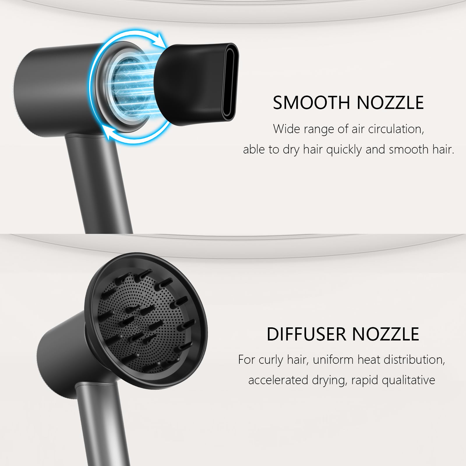 CNMSGM hair dryer quiet operation image underscores low-noise performance during styling.