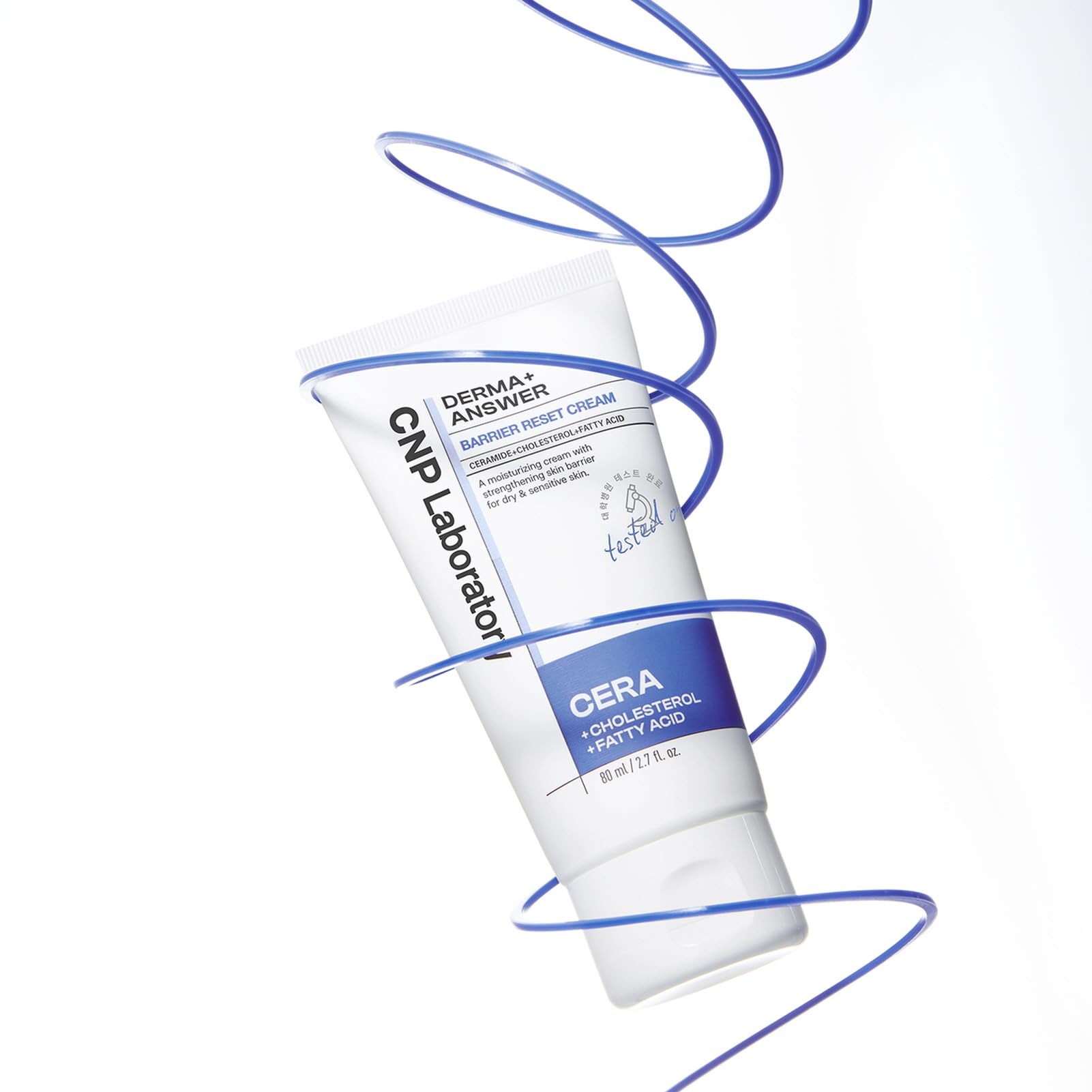 CNP Barrier Reset Cream label closeup emphasizing sensitive-skin friendly ceramides and barrier support