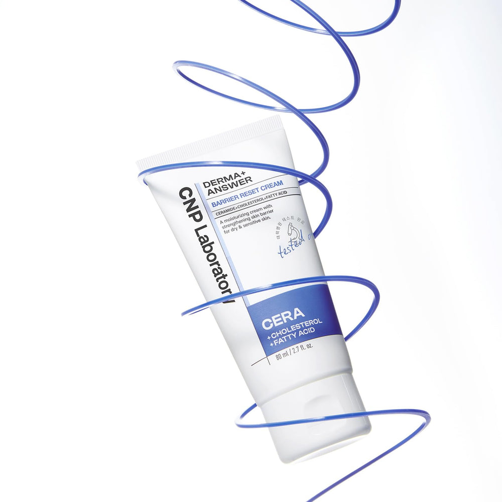 CNP Barrier Reset Cream label closeup emphasizing sensitive-skin friendly ceramides and barrier support